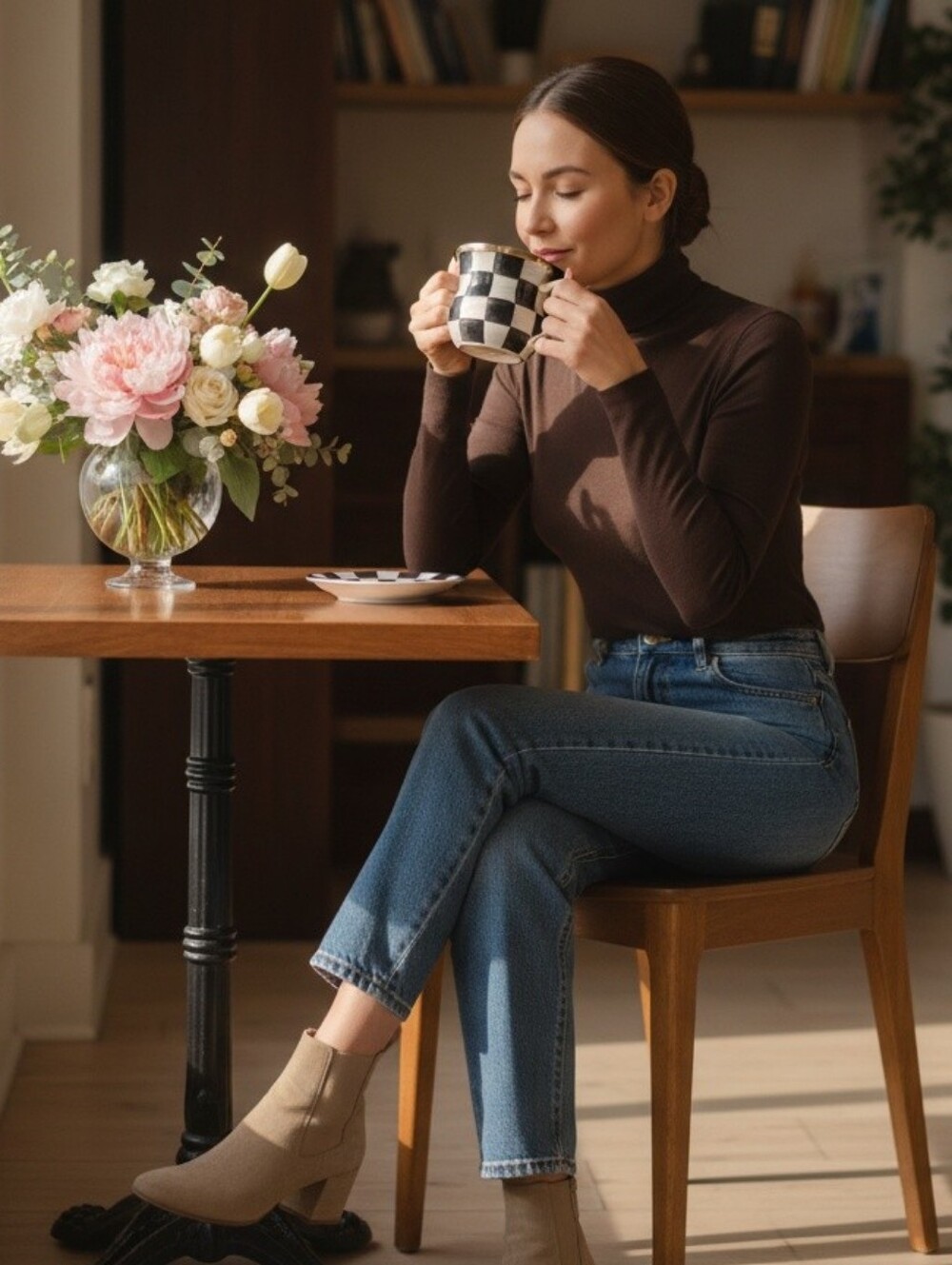 MacKenzie-Childs Black and White Check Mug with Metallic Rim.